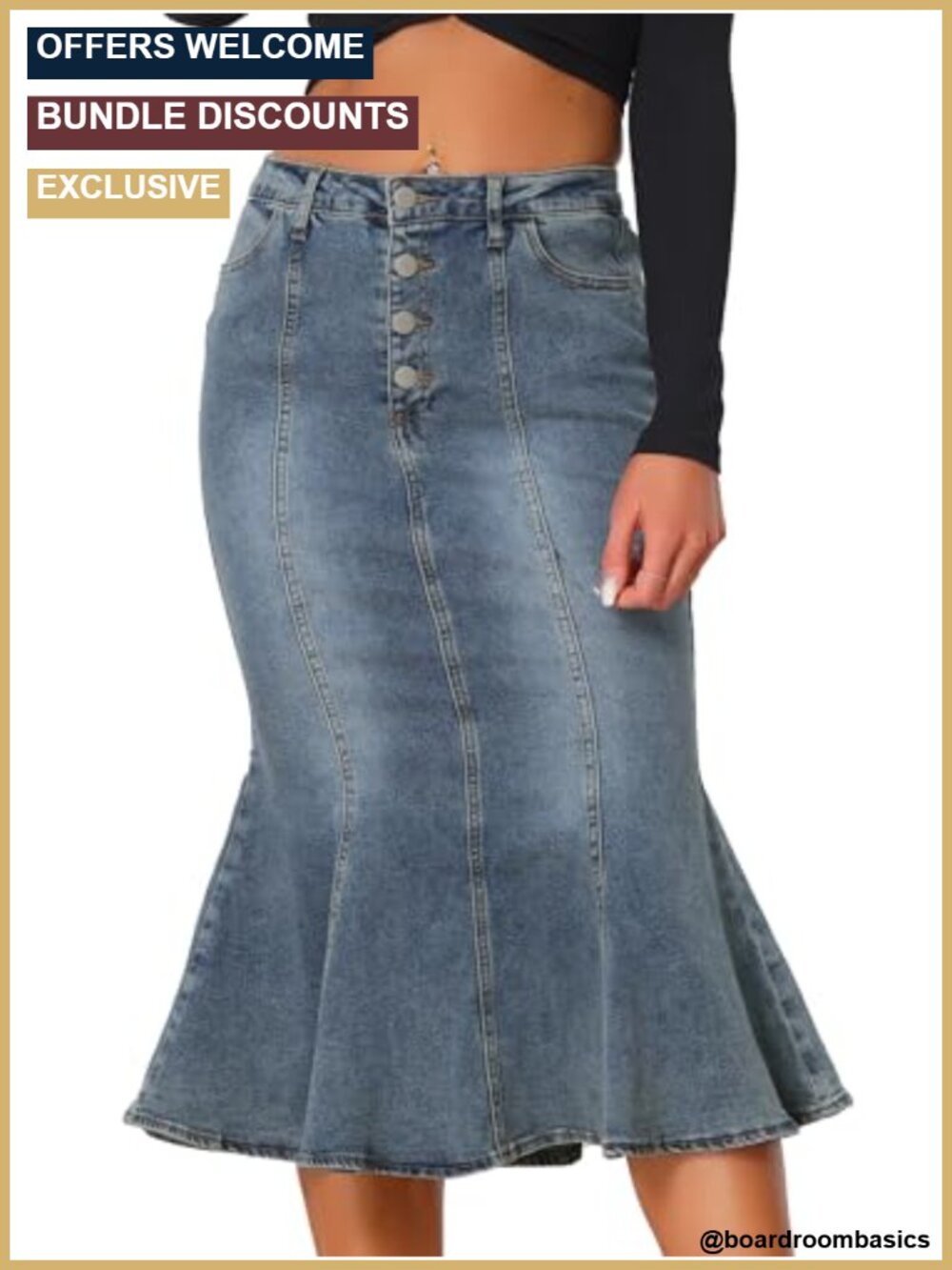 Fishtail Midi Denim Skirt High Rise Mermaid Silhouette
